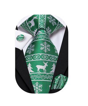 9837 Green White Silk Christmas Ties Set Stripe Reindeer XMS Tie Funny